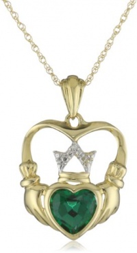 XPY 14k Yellow Gold Created Emerald and Diamond Claddagh Pendant XPY 14k Yellow Gold Created Emerald and Diamond Claddagh Pendant