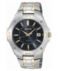 Expertly styled by Seiko with refined details and subtle contrast, this watch is a modern must-have. Two-tone stainless steel bracelet and round case, 40mm. Round dark blue dial with logo and stick indices. Quartz movement. Water resistant to 100 meters. Three-year limited warranty. Expertly styled by Seiko with refined details and subtle contrast, this watch is a modern must-have. Two-tone stainless steel bracelet and round case, 40mm. Round dark blue dial with logo and stick indices. Quartz movement. Water resistant to 100 meters. Three-year limited warranty.