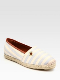 Stretch canvas basic in allover nautical stripes with espadrille trim and a touch of smooth leather. Canvas and leather upperLeather liningRubber solePadded insoleImported Stretch canvas basic in allover nautical stripes with espadrille trim and a touch of smooth leather. Canvas and leather upperLeather liningRubber solePadded insoleImported