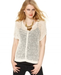 A hot summer layering piece, this Kensie open-stitch top is perfect for adding on-trend texture to any outfit! A hot summer layering piece, this Kensie open-stitch top is perfect for adding on-trend texture to any outfit!