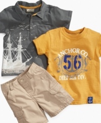 1 if by land, 2 if by sea! No matter where he is he'll sporty, cute and comfortable in this 3-piece t-shirt, polo shirt and short set from Nannette. 1 if by land, 2 if by sea! No matter where he is he'll sporty, cute and comfortable in this 3-piece t-shirt, polo shirt and short set from Nannette.