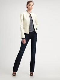 Supple Italian leather, in a sleek, slim-fitting style defined by allover contrast stitching.Band collarSnap front closuresLong sleeves with vented cuffsLinen liningAbout 19 from shoulder to hemLeatherDry cleanMade in Italy of imported fabricModel shown is 5'10 (177cm) wearing US size 4. Supple Italian leather, in a sleek, slim-fitting style defined by allover contrast stitching.Band collarSnap front closuresLong sleeves with vented cuffsLinen liningAbout 19 from shoulder to hemLeatherDry cleanMade in Italy of imported fabricModel shown is 5'10 (177cm) wearing US size 4.