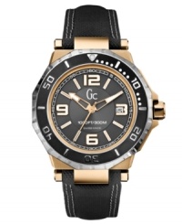 The classic diver's watch just got an upgrade. This Gc Swiss Made Timepieces watch is crafted of black leather strap and round rose-gold ion-plated stainless case with black bezel featuring silver tone numerals. Sun-ray patterned dial with stamped Arabic numerals, luminescent stick indices and hands, minute track, date window at three o'clock and logo at twelve o'clock. Swiss quartz movement. Water resistant to 300 meters. Ten-year limited warranty. Luxury Gc gift box packaging included. The classic diver's watch just got an upgrade. This Gc Swiss Made Timepieces watch is crafted of black leather strap and round rose-gold ion-plated stainless case with black bezel featuring silver tone numerals. Sun-ray patterned dial with stamped Arabic numerals, luminescent stick indices and hands, minute track, date window at three o'clock and logo at twelve o'clock. Swiss quartz movement. Water resistant to 300 meters. Ten-year limited warranty. Luxury Gc gift box packaging included.