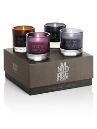 Let the scents of firefly embers, relaxing yuan zhi, re-charge black pepper and imp's whisper piccolo candelas illuminate your world. Set includes: 4 candles. Burn time: About 8 hours per candle. Made in England.
