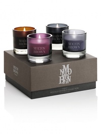 Let the scents of firefly embers, relaxing yuan zhi, re-charge black pepper and imp's whisper piccolo candelas illuminate your world. Set includes: 4 candles. Burn time: About 8 hours per candle. Made in England. Let the scents of firefly embers, relaxing yuan zhi, re-charge black pepper and imp's whisper piccolo candelas illuminate your world. Set includes: 4 candles. Burn time: About 8 hours per candle. Made in England.