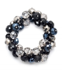 Add sparkle to a black-tie ballgown or spice up your office wear. This versatile stretch bracelet by Ali Khan features jet black and hematite-colored glass beads in a chic cluster design. Crafted in mixed metal. Approximate diameter: 2 inches. Add sparkle to a black-tie ballgown or spice up your office wear. This versatile stretch bracelet by Ali Khan features jet black and hematite-colored glass beads in a chic cluster design. Crafted in mixed metal. Approximate diameter: 2 inches.