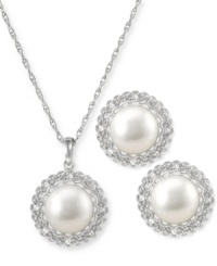 Classic chic is in abundance in this sterling silver necklace and earrings set. Cultured freshwater pearls (9-9-1/2 mm) are offset by round-cut white topaz (3/8 ct. t.w.) for a refined elegant look. Approximate length: 18 inches. Approximate drop: 5/8 inch. Approximate drop: 1/2 inch. Classic chic is in abundance in this sterling silver necklace and earrings set. Cultured freshwater pearls (9-9-1/2 mm) are offset by round-cut white topaz (3/8 ct. t.w.) for a refined elegant look. Approximate length: 18 inches. Approximate drop: 5/8 inch. Approximate drop: 1/2 inch.