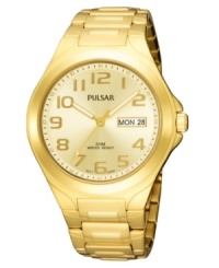 Gilded perfection by Pulsar. This watch features a goldtone stainless steel bracelet and round case. Champagne dial with logo, date window and goldtone numerals. Analog quartz movement. Water resistant to 100 meters. Three-year limited warranty. Gilded perfection by Pulsar. This watch features a goldtone stainless steel bracelet and round case. Champagne dial with logo, date window and goldtone numerals. Analog quartz movement. Water resistant to 100 meters. Three-year limited warranty.