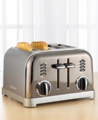 This tasty toaster is dressed up in a brilliant brushed stainless steel housing with chrome and black accents. Custom controls defrost and toast bagels and breads, four at a time, right to your tastes. Three-year warranty. This tasty toaster is dressed up in a brilliant brushed stainless steel housing with chrome and black accents. Custom controls defrost and toast bagels and breads, four at a time, right to your tastes. Three-year warranty.