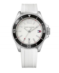A classic sport watch by Tommy Hilfiger, perfect for the field, court or green. White rubber strap and round silvertone mixed metal case. Rotating black bezel with white numerals and stick indices. White dial features silvertone stick indices, luminous hands, numeral at twelve o'clock, iconic flag logo at three o'clock and date window at six o'clock. Quartz movement. Water resistant to 30 meters. Ten-year limited warranty. A classic sport watch by Tommy Hilfiger, perfect for the field, court or green. White rubber strap and round silvertone mixed metal case. Rotating black bezel with white numerals and stick indices. White dial features silvertone stick indices, luminous hands, numeral at twelve o'clock, iconic flag logo at three o'clock and date window at six o'clock. Quartz movement. Water resistant to 30 meters. Ten-year limited warranty.