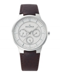 Clean styling makes for an uncomplicated masterpiece. Watch by Skagen Denmark crafted of brown pebbled leather strap and round stainless steel case. White dial features silver tone numerals at twelve and six o'clock, stick indices, black minute track, three multifunctional subdials, luminous hands and logo. Quartz movement. Water resistant to 30 meters. Limited lifetime warranty. Clean styling makes for an uncomplicated masterpiece. Watch by Skagen Denmark crafted of brown pebbled leather strap and round stainless steel case. White dial features silver tone numerals at twelve and six o'clock, stick indices, black minute track, three multifunctional subdials, luminous hands and logo. Quartz movement. Water resistant to 30 meters. Limited lifetime warranty.