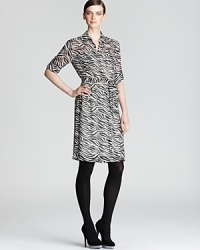 Exotics go executive as crisp zebra print enlivens a classic DKNYC shirt dress. Finish with metallic pumps for a roaring 9-to-5 statement. Exotics go executive as crisp zebra print enlivens a classic DKNYC shirt dress. Finish with metallic pumps for a roaring 9-to-5 statement.