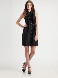 Luxe, shiny shantung, in a shirtdress style dressed up with ruffles on the bodice.Point collarSleevelessButton frontRuffled trim along placketSide slash pocketsFully linedAbout 22 from natural waistPolyester Dry cleanMade in USAModel shown is 5'10 (177cm) wearing US size 2. Luxe, shiny shantung, in a shirtdress style dressed up with ruffles on the bodice.Point collarSleevelessButton frontRuffled trim along placketSide slash pocketsFully linedAbout 22 from natural waistPolyester Dry cleanMade in USAModel shown is 5'10 (177cm) wearing US size 2.