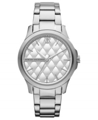 A stunning quilted dial adds a feminine touch to this classic steel watch from AX Armani Exchange. A stunning quilted dial adds a feminine touch to this classic steel watch from AX Armani Exchange.