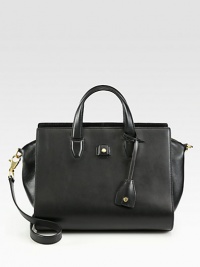 A subtle study in contrast, luxuriously smooth leather is contrasted against beautiful pebbled leather in a roomy carryall design.Double top handles, 3½ dropDetachable adjustable shoulder strap, 16½-18½ dropTop zip closureOne inside zip pocketTwo inside open pocketsFully lined13W X 9½H X 7DImported A subtle study in contrast, luxuriously smooth leather is contrasted against beautiful pebbled leather in a roomy carryall design.Double top handles, 3½ dropDetachable adjustable shoulder strap, 16½-18½ dropTop zip closureOne inside zip pocketTwo inside open pocketsFully lined13W X 9½H X 7DImported