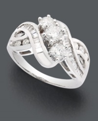 Commemorate every loving moment with this spectacular three-stone diamond ring. Three round-cut diamonds are flanked by swirls of round-cut and baguette-cut diamonds set in 14k white gold. Commemorate every loving moment with this spectacular three-stone diamond ring. Three round-cut diamonds are flanked by swirls of round-cut and baguette-cut diamonds set in 14k white gold.