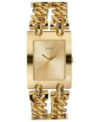 Set the trend with this double-linked chain watch, drenched in golden shine, by GUESS. Set the trend with this double-linked chain watch, drenched in golden shine, by GUESS.