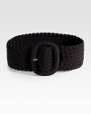 A wide woven belt made from soft fabrication that flawlessly defines the body.About 3 widePolyester/elastaneImported