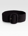 A wide woven belt made from soft fabrication that flawlessly defines the body.About 3 widePolyester/elastaneImported