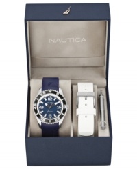 This Nautica watch set lets you swap out straps for when a change of pace is required. This Nautica watch set lets you swap out straps for when a change of pace is required.