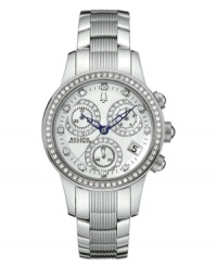 Elegance and precision bring distinction to this Masella collection watch by Bulova Accutron. Stainless steel bracelet with textured center links and round case with curved sapphire crystal. Bezel and dial feature 113 hand-set diamond accents. Silvery white chronograph dial also features minute track, date window at four o'clock, three subdials, royal blue hands and logo. Swiss quartz movement. Water resistant to 30 meters. Five-year limited warranty. Elegance and precision bring distinction to this Masella collection watch by Bulova Accutron. Stainless steel bracelet with textured center links and round case with curved sapphire crystal. Bezel and dial feature 113 hand-set diamond accents. Silvery white chronograph dial also features minute track, date window at four o'clock, three subdials, royal blue hands and logo. Swiss quartz movement. Water resistant to 30 meters. Five-year limited warranty.