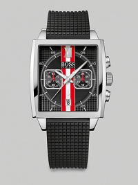 Sleek and stylish, this stainless steel quartz chronograph brings sportiness to the next level with its fashionable red center accent. Grid-textured dial pays tribute to moto-sport racing while the silicon strap complete with pin buckle add the final touch of modernity.Quartz chronograph movementWater resistant to 5ATMDate display at 6 o'clockSecond handStainless steel case: 39mm (1.53)Silicone strap braceletImported Sleek and stylish, this stainless steel quartz chronograph brings sportiness to the next level with its fashionable red center accent. Grid-textured dial pays tribute to moto-sport racing while the silicon strap complete with pin buckle add the final touch of modernity.Quartz chronograph movementWater resistant to 5ATMDate display at 6 o'clockSecond handStainless steel case: 39mm (1.53)Silicone strap braceletImported