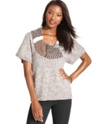 A patchwork of knits at the cowl neckline of this Style&co. sweater gives it striking appeal! A patchwork of knits at the cowl neckline of this Style&co. sweater gives it striking appeal!