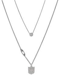 Defend your style. This Juicy Couture necklace features a double strand chain with crystal-embellished shield and safety pin charms. Crafted in silver tone mixed metal. Approximate length: 32 inches + 3-inch extender. Approximate drop: 3/4 inch. Defend your style. This Juicy Couture necklace features a double strand chain with crystal-embellished shield and safety pin charms. Crafted in silver tone mixed metal. Approximate length: 32 inches + 3-inch extender. Approximate drop: 3/4 inch.