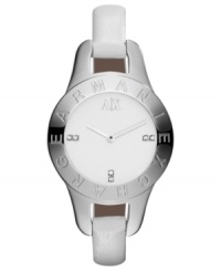 Crafted from sleek leather and stainless steel, this thin watch from AX Armani Exchange is as elegant as a fine bracelet. Crafted from sleek leather and stainless steel, this thin watch from AX Armani Exchange is as elegant as a fine bracelet.