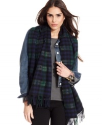 Be prepared for cold weather with this posh, preppy plaid scarf from David & Young that features eye-catching shimmer accents. Be prepared for cold weather with this posh, preppy plaid scarf from David & Young that features eye-catching shimmer accents.