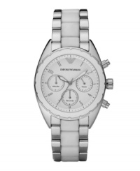 Make your eye for style known with this chic watch by Emporio Armani. Stainless steel bracelet with center links of white silicone and round case with white bezel. White chronograph dial features applied silver tone numerals, minute track, three subdials, luminous hands and logo. Quartz movement. Water resistant to 50 meters. Two-year limited warranty. Make your eye for style known with this chic watch by Emporio Armani. Stainless steel bracelet with center links of white silicone and round case with white bezel. White chronograph dial features applied silver tone numerals, minute track, three subdials, luminous hands and logo. Quartz movement. Water resistant to 50 meters. Two-year limited warranty.
