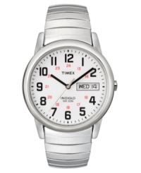 A sleek, versatile watch that wears well with every look by Timex. Stainless steel bracelet and round case. White dial with logo, date window and black numerals. Analog movement. Water resistant to 30 meters. One-year limited warranty. A sleek, versatile watch that wears well with every look by Timex. Stainless steel bracelet and round case. White dial with logo, date window and black numerals. Analog movement. Water resistant to 30 meters. One-year limited warranty.