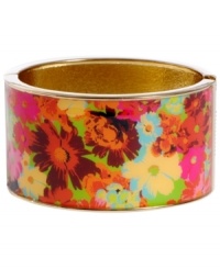 Infuse your look with the bold colors and exotic prints of Brasil. Crafted in gold tone mixed metal Haskell's Floral bangle features multicolored flower details and a hinge clasp. Approximate diameter: 2-1/2 inches. Approximate length: 8 inches. Item comes packaged in an orange gift box. Infuse your look with the bold colors and exotic prints of Brasil. Crafted in gold tone mixed metal Haskell's Floral bangle features multicolored flower details and a hinge clasp. Approximate diameter: 2-1/2 inches. Approximate length: 8 inches. Item comes packaged in an orange gift box.
