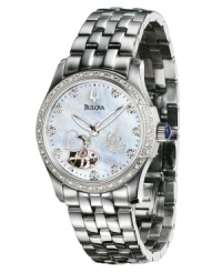 Beauty that makes your heart skip a beat. This gorgeous Bulova watch features a stainless steel bracelet and case. Diamond-accented bezel. White mother-of-pearl dial with logo, diamond accents at indices and heart-shaped window. Automatic movement. Water resistant to 30 meters. Three-year warranty. Beauty that makes your heart skip a beat. This gorgeous Bulova watch features a stainless steel bracelet and case. Diamond-accented bezel. White mother-of-pearl dial with logo, diamond accents at indices and heart-shaped window. Automatic movement. Water resistant to 30 meters. Three-year warranty.