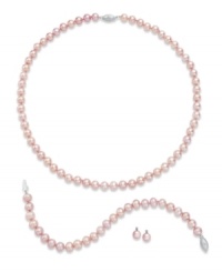 Pretty and pink. This sophisticated matching jewelry set features a necklace, earrings and bracelet with pink cultured freshwater pearls (6-7 mm) and sparkling diamond accents. Set in sterling silver. Approximate length: 18 inches. Approximate bracelet length: 7-1/2 inches. Approximate stud diameter: 1/4 inch. Pretty and pink. This sophisticated matching jewelry set features a necklace, earrings and bracelet with pink cultured freshwater pearls (6-7 mm) and sparkling diamond accents. Set in sterling silver. Approximate length: 18 inches. Approximate bracelet length: 7-1/2 inches. Approximate stud diameter: 1/4 inch.