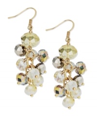 Glitz and glamour at the drop of a hat. These c.A.K.e. by Ali Khan earrings feature clusters of faceted glass beads in a gold tone mixed metal setting. Approximate drop: 2 inches. Glitz and glamour at the drop of a hat. These c.A.K.e. by Ali Khan earrings feature clusters of faceted glass beads in a gold tone mixed metal setting. Approximate drop: 2 inches.