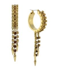 Fashionably fierce. Spiked embellishment has an edgy effect on BCBGeneration's hoop earrings. Also adorned with chic champagne-hued glass accents, they're made in gold tone mixed metal. Approximate drop: 2-3/4 inches.