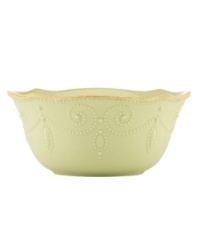 With fanciful beading and a feminine edge, this Lenox French Perle bowl has an irresistibly old-fashioned sensibility. Hardwearing stoneware is dishwasher safe and, in a soft pistachio hue with antiqued trim, a graceful addition to every meal. With fanciful beading and a feminine edge, this Lenox French Perle bowl has an irresistibly old-fashioned sensibility. Hardwearing stoneware is dishwasher safe and, in a soft pistachio hue with antiqued trim, a graceful addition to every meal.