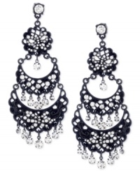 Ornate elegance. This pair of chandelier earrings from Betsey Johnson is crafted from black-plated mixed metal with glass crystal accented-filigree tiers for a stunning statement. Approximate drop: 3-1/4 inches. Ornate elegance. This pair of chandelier earrings from Betsey Johnson is crafted from black-plated mixed metal with glass crystal accented-filigree tiers for a stunning statement. Approximate drop: 3-1/4 inches.
