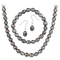 Sterling Silver Freshwater Cultured Grey Pearl Necklace, Bracelet, Earring Jewelry Set Sterling Silver Freshwater Cultured Grey Pearl Necklace, Bracelet, Earring Jewelry Set
