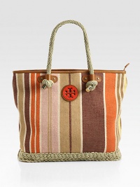 A durable canvas style with a colorful striped design accented in luxurious leather and textured rope.Double rope top handles, 7 dropTop zip closureOne inside zip pocketTwo inside open pocketsCotton lining14½W X 13H X 6DImported A durable canvas style with a colorful striped design accented in luxurious leather and textured rope.Double rope top handles, 7 dropTop zip closureOne inside zip pocketTwo inside open pocketsCotton lining14½W X 13H X 6DImported