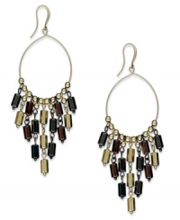 Head-turning style by Alfani. These hoop earrings feature stylish round and tubular beads in chocolate, gold and hematite tones. Crafted in gold tone mixed metal. Approximate drop: 3-1/2 inches. Head-turning style by Alfani. These hoop earrings feature stylish round and tubular beads in chocolate, gold and hematite tones. Crafted in gold tone mixed metal. Approximate drop: 3-1/2 inches.