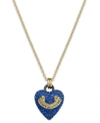 Love that glitters. Juicy Couture's pendant necklace features a darling heart charm embellished with blue pave crystals. Finished with a gold tone logo banner. Crafted in gold tone mixed metal. Approximate length: 30 inches + 3-inch extender. Approximate drop: 1 inch. Love that glitters. Juicy Couture's pendant necklace features a darling heart charm embellished with blue pave crystals. Finished with a gold tone logo banner. Crafted in gold tone mixed metal. Approximate length: 30 inches + 3-inch extender. Approximate drop: 1 inch.