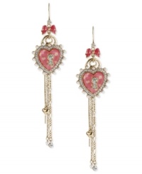Show your heart's in the right place with this pair of multi-chain linear earrings from Betsey Johnson. Crafted from antique gold-tone mixed metal, the earrings feature glass pave crystal accents and glass pearls for a lustrous effect. Approximate drop: 4-3/4 inches. Show your heart's in the right place with this pair of multi-chain linear earrings from Betsey Johnson. Crafted from antique gold-tone mixed metal, the earrings feature glass pave crystal accents and glass pearls for a lustrous effect. Approximate drop: 4-3/4 inches.