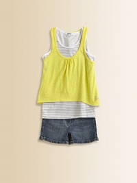 Double the fun in this striking, layered tank with a solid top and striped bottom.Gathered scoopneckSleevelessPullover styleLayered hemSolid: 100% jerseyStriped: 60% cotton/40% polyesterMachine washImported Double the fun in this striking, layered tank with a solid top and striped bottom.Gathered scoopneckSleevelessPullover styleLayered hemSolid: 100% jerseyStriped: 60% cotton/40% polyesterMachine washImported