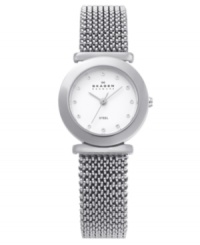 Signature Skagen Denmark style in an easy clasp-free design. Stainless steel mesh expansion bracelet and round case. White dial features Swarovski element markers, three silver tone hands and logo. Quartz movement. Water resistant to 30 meters. Limited lifetime warranty. Signature Skagen Denmark style in an easy clasp-free design. Stainless steel mesh expansion bracelet and round case. White dial features Swarovski element markers, three silver tone hands and logo. Quartz movement. Water resistant to 30 meters. Limited lifetime warranty.