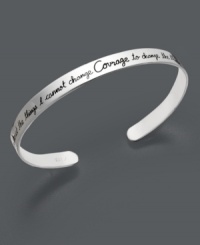 Find courage in the timeless serenity prayer. This sterling silver open cuff is etched with the phrase, God grant me the serenity to accept the things I cannot change, courage to change the things I can and wisdom to know the difference. Approximate diameter: 2-1/2 inches. Find courage in the timeless serenity prayer. This sterling silver open cuff is etched with the phrase, God grant me the serenity to accept the things I cannot change, courage to change the things I can and wisdom to know the difference. Approximate diameter: 2-1/2 inches.