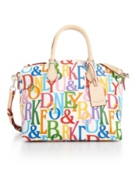 Color yourself fabulous! This stunning satchel style from Dooney & Bourke features a colorful signature print, solid trim and luggage tag at handle base. Color yourself fabulous! This stunning satchel style from Dooney & Bourke features a colorful signature print, solid trim and luggage tag at handle base.