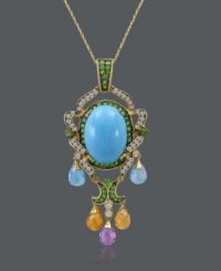 Elevate your look with extraordinary design. Necklace from CARLO VIANI® features a prominent turquoise stone (10 mm) surrounded by round-cut, natural brown diamond (1/2 ct. t.w.), blue topaz (2-3/4 ct. t.w.), citrine (2-1/10 ct. t.w.), amethyst (1 ct. t.w.), and tsavorite (3/4 ct. t.w.). Set in 14k gold. Approximate length: 18 inches. Approximate drop: 2-1/4 inches. Elevate your look with extraordinary design. Necklace from CARLO VIANI® features a prominent turquoise stone (10 mm) surrounded by round-cut, natural brown diamond (1/2 ct. t.w.), blue topaz (2-3/4 ct. t.w.), citrine (2-1/10 ct. t.w.), amethyst (1 ct. t.w.), and tsavorite (3/4 ct. t.w.). Set in 14k gold. Approximate length: 18 inches. Approximate drop: 2-1/4 inches.