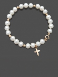 A petite pearl bracelet offers a traditional way to show your faith. This bracelet for children features a delicate strand of cultured freshwater pearls (5-6 mm) with a 14k gold dangling cross charm and accent beads. Set in 14k gold. Approximate length: 6 inches. Approximate drop: 1/2 inch. A petite pearl bracelet offers a traditional way to show your faith. This bracelet for children features a delicate strand of cultured freshwater pearls (5-6 mm) with a 14k gold dangling cross charm and accent beads. Set in 14k gold. Approximate length: 6 inches. Approximate drop: 1/2 inch.